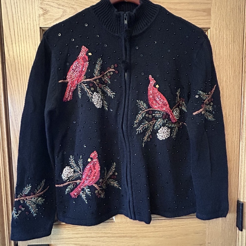 Casual Corner Annex M Cardigan Sweater Womens Black Red Cardinal Sequins Zip Up